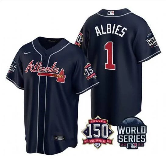 Men & Youth Atlanta Braves Ozzie Albies world series patch Jersey navy blue