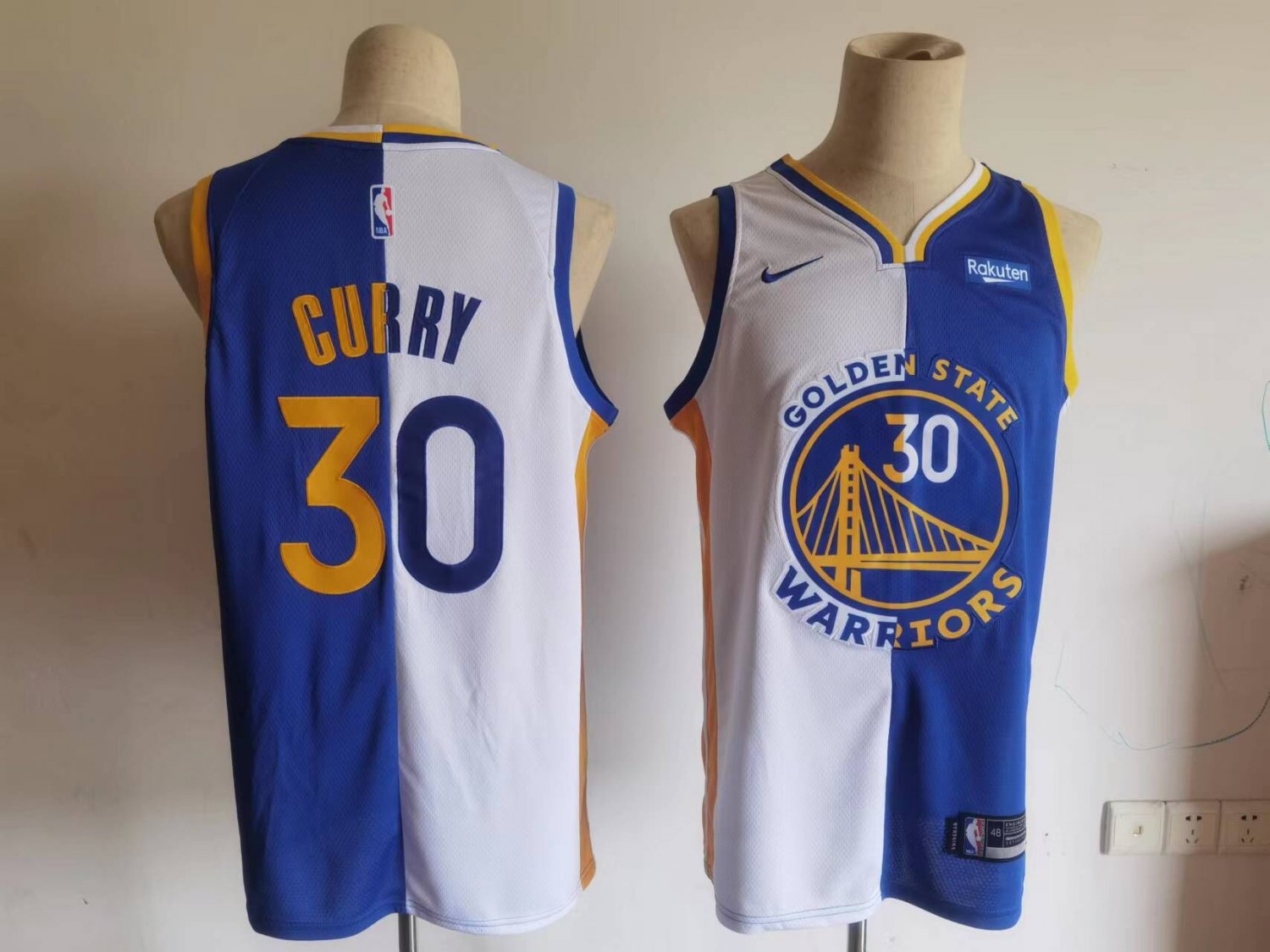 Men's Warriors #30 Stephen Curry Split VersionJersey White-Blue Spliced