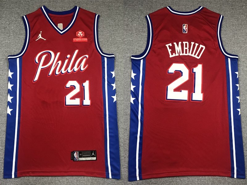 Men's Jordan 76ers #21 Joel Embiid 75th Anniversary City Jersey Red