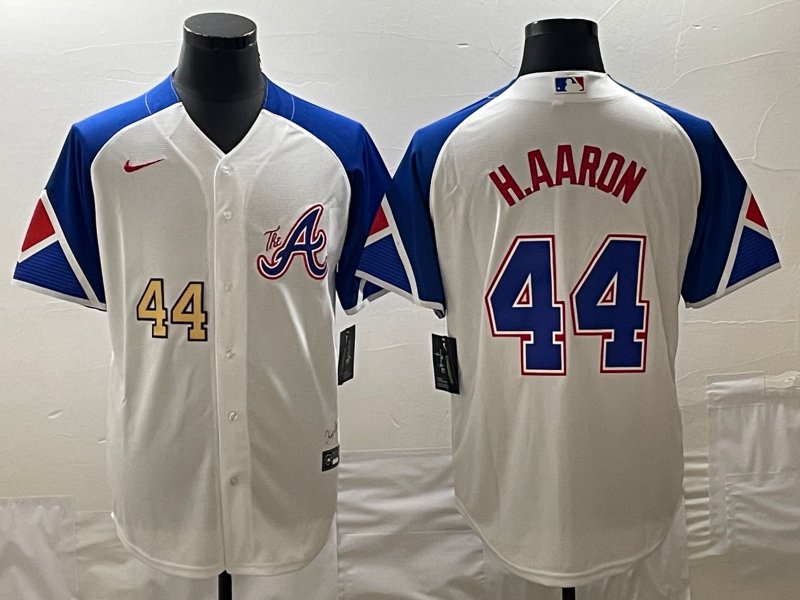 Men's ATL #44 Hank Aaron City Jersey White 4P 2023