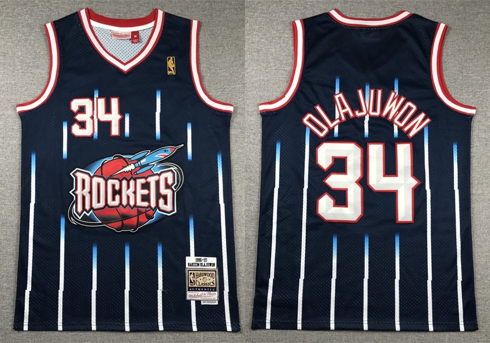 Men's Mitchell & Ness Rockets #34 Hakeem Olajuwon Retro Jersey Purple