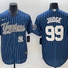 Men's 2023 Yankees #99 Aaron Judge Cool Player Jersey Blue Pinstripe