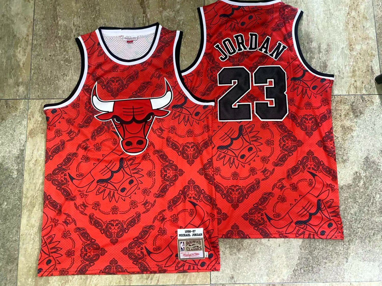Men's Bulls #23 Michael Jordan Mitchell&Ness AU Jersey Red Paisley