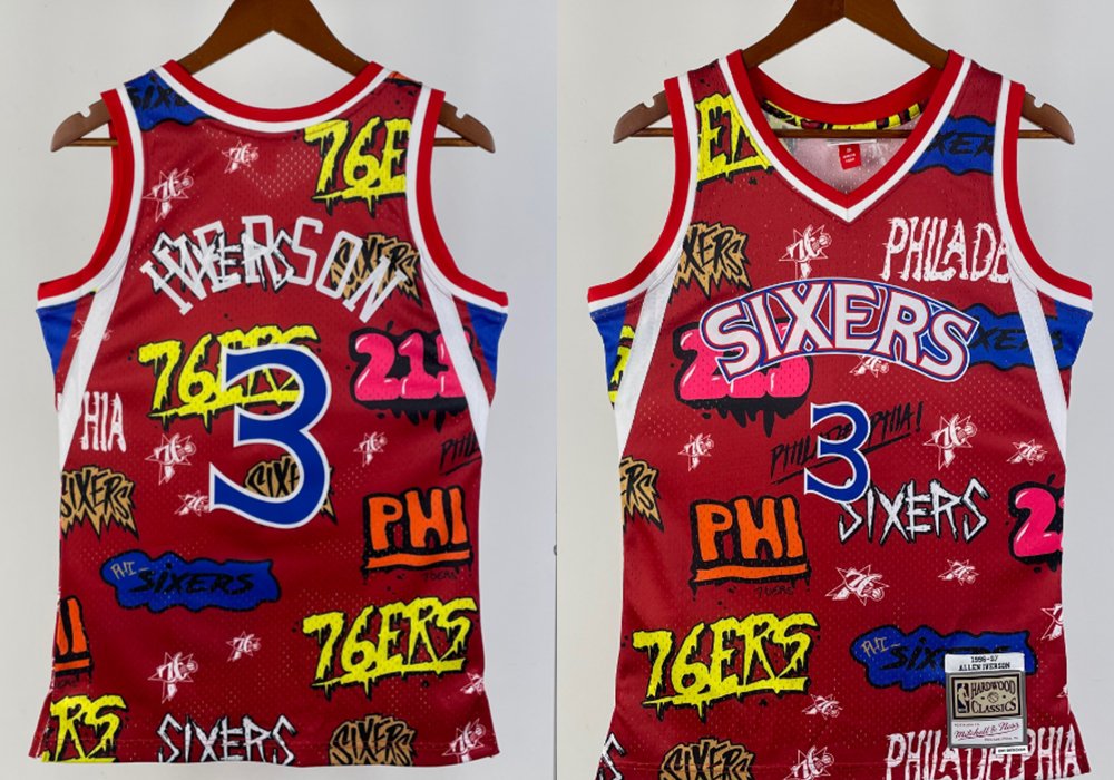 Men's Mitchell & Ness 76ers #3 Allen Iverson Swingman Hot Press Jersey