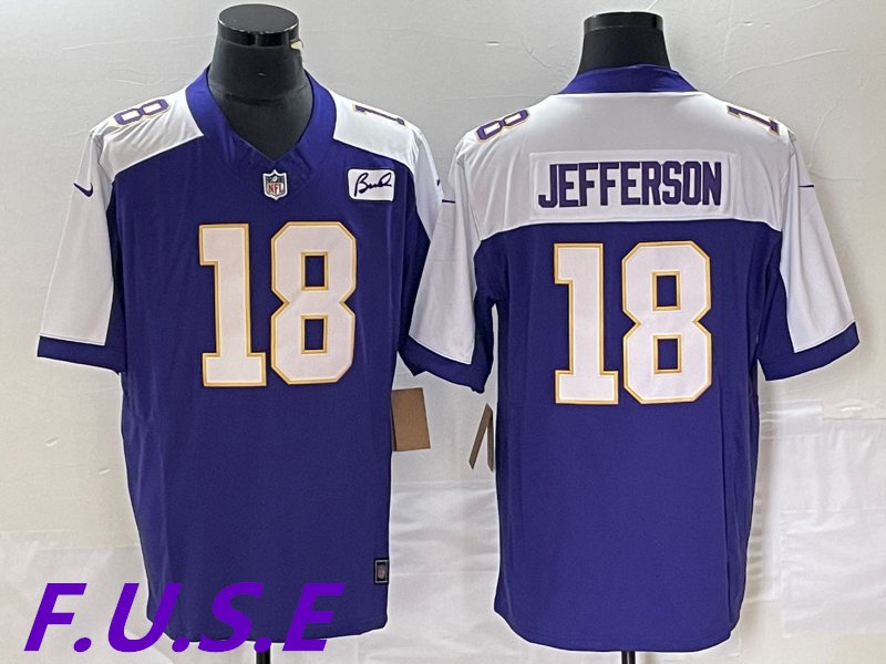 Men's Vikings #18 Justin Jefferson Purple 2023 FUSE Bud Grant Patch Jersey