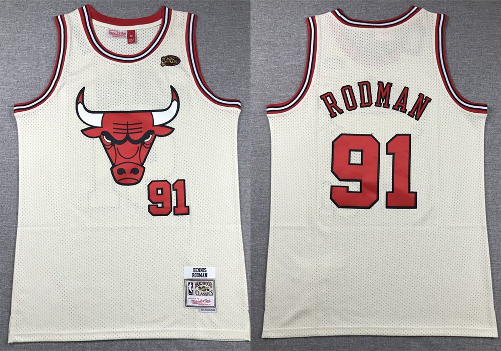 Men's Mitchell & Ness Bulls #91 Dennis Rodman Jersey Cream White