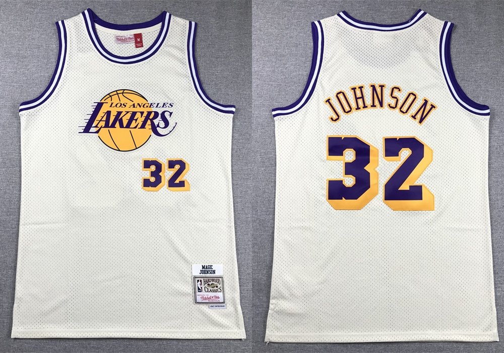Men's Mitchell & Ness Lakers #32 Magic Johnson Basketball Jersey Cream White