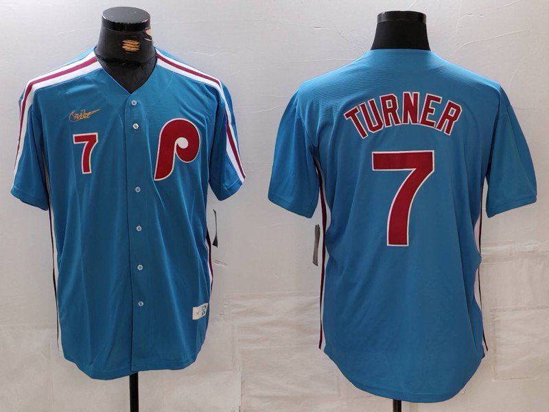 Men's PHI #7 Trea Turner Throwback Cooperstown Cool Player Jersey Blue