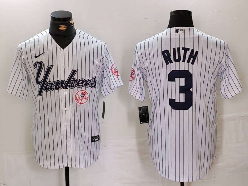 Men's NYY #3 Babe Ruth 3nd White Pinstripe Fashion Cool Base Jersey