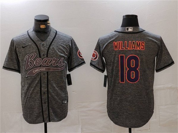 Men's Chicago Bears #18 Caleb Williams Grey With Patch Cool Base Stitched Jersey