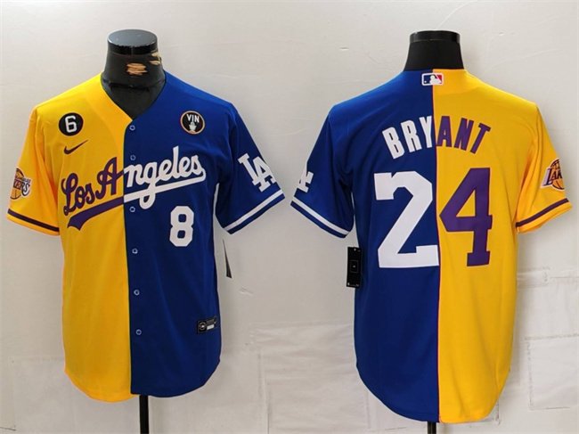 Men's Lakers & Dodgers Front #8 Back #24 Kobe Bryant Gold-Blue Split With Patch Jersey