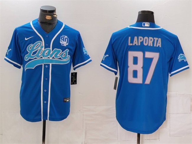 Men's Detroit Lions #87 Sam Laporta Blue With 90th Anniversary Patch Cool Base Stitched Jersey