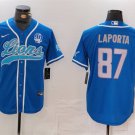Men's Detroit Lions #87 Sam Laporta Blue With 90th Anniversary Patch Cool Base Stitched Jersey