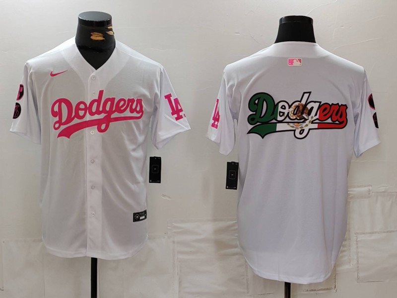 Men's Dodgers Team Big Logo White Pink Vin & Kobe Patch Stitched Jersey