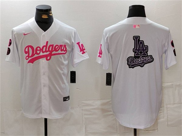 Men's Dodgers Team Big Logo White/Pink Vin & Kobe Patch Stitched Player Jersey