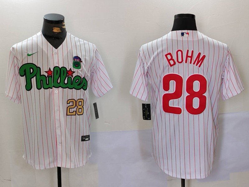 Men's PHI #28 Alec Bohm White Green Cool Base Jersey
