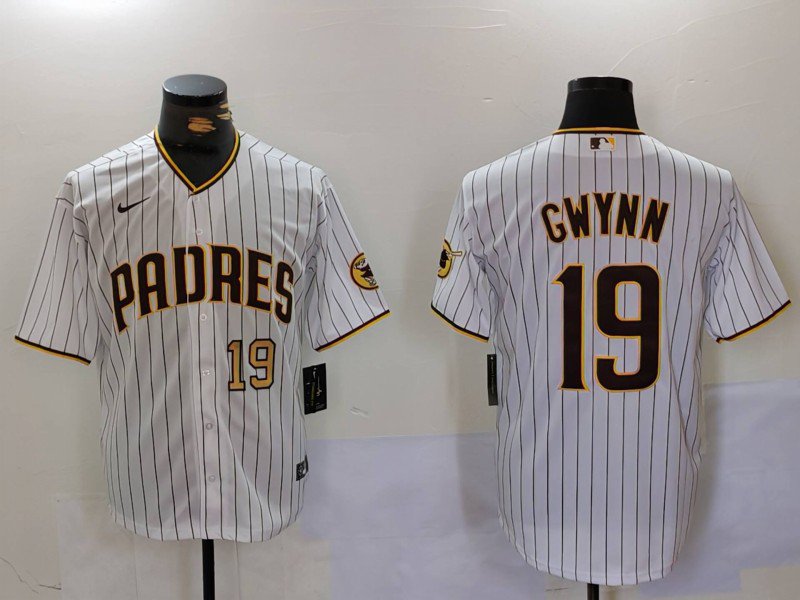 Men's SDP #19 Tony Gwynn White Team Logo Stitched Cool Base Jersey