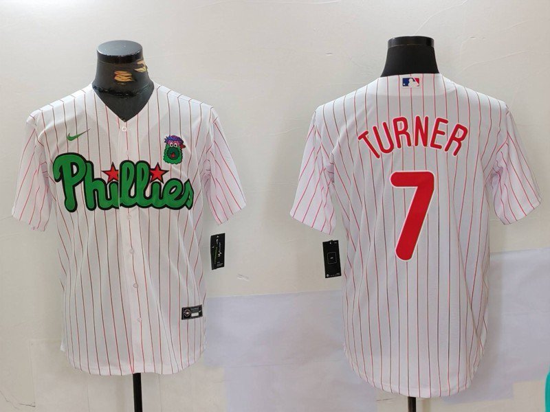 Men's PHI #7 Trea Turner White Green Cool Base Stitched Jersey
