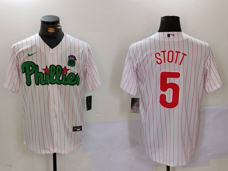 Men's PHI #5 Bryson Stott White Green Cool Base Stitched Jersey