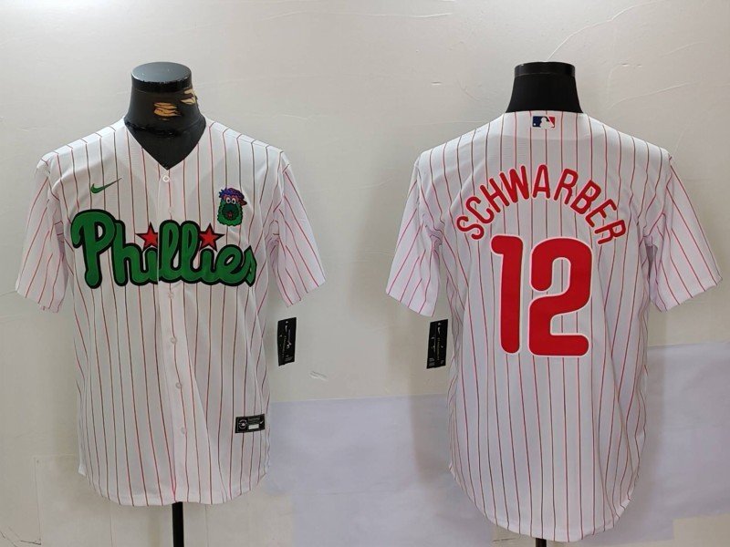 Men's PHI #12 Kyle Schwarber White Green Cool Base Stitched Jersey