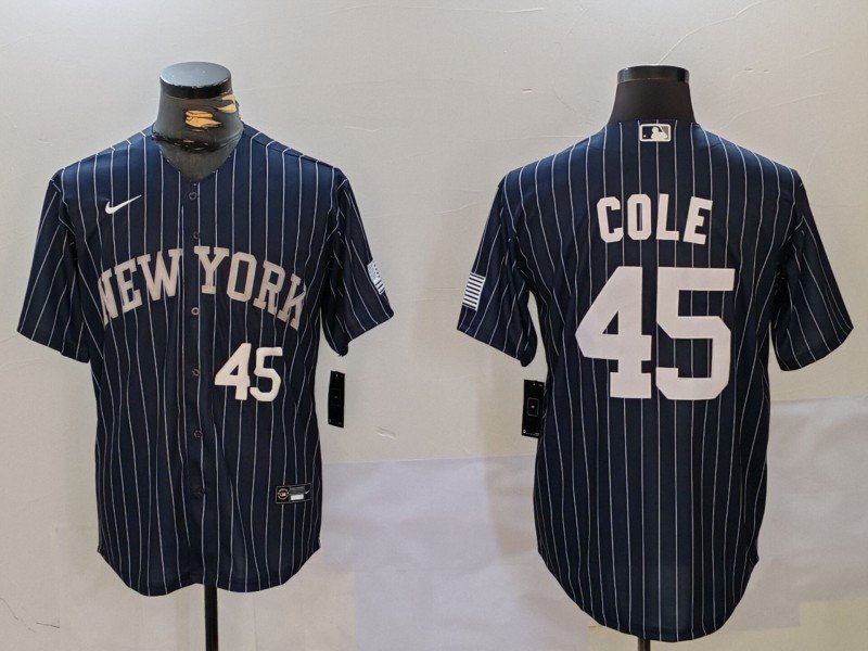 Men's NYY #45 Gerrit Cole Navy Pinstripe Fashion Cool Base Jerseys