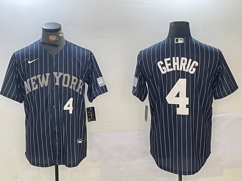 Men's NYY #4 Lou Gehrig Navy Pinstripe Fashion Cool Base Jersey