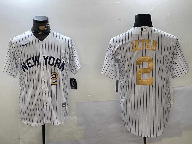 Men's New York Yankees #2 Derek Jeter White Pinstripe Fashion Cool Base Jersey