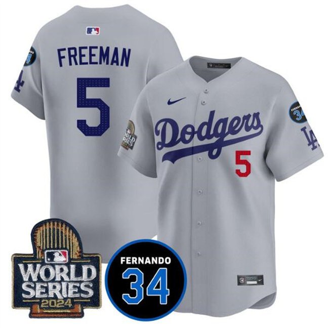 Men's LAD #5 Freddie Freeman Grey 2024 World Series With 34 Jersey