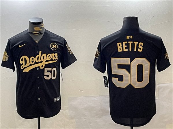 Men's LAD #50 Mookie Betts Black Gold 2024 World Series With Path Jersey