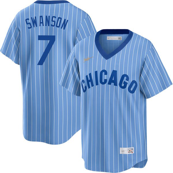 Mens CHC #7 Dansby Swanson Nike Blue Pinstripe Pullover 1978 Cooperstown Jersey