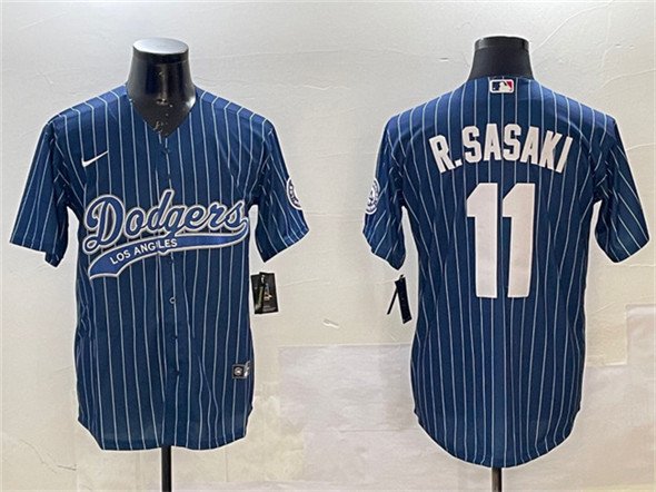 Men's Los Angeles Dodgers #11 Roki Sasaki Navy With Patch Cool Base Stitched Player Jersey