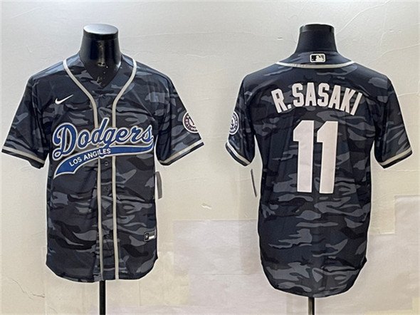 Men's Los Angeles Dodgers #11 Roki Sasaki Gray Camo With Patch Cool Base Stitched Jersey