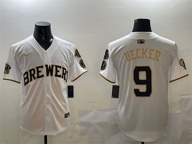 Men's MIL #9 Bob Uecker White/Gold With Home Patch Limited Stitched Jersey