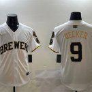 Men's MIL #9 Bob Uecker White/Gold With Home Patch Limited Stitched Jersey