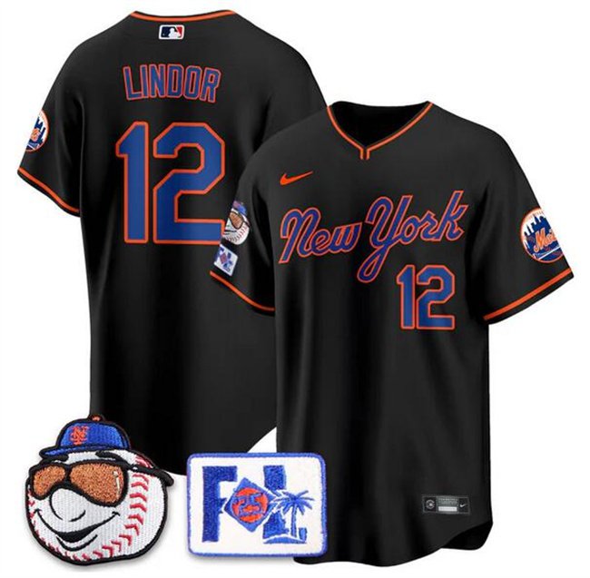 Men's NYM#12 Francisco Lindor Black 2025 Spring Training Stitched Player Jersey
