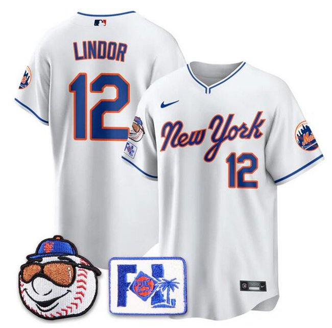 Men's NYM#12 Francisco Lindor White 2025 Spring Training Stitched Player Jersey
