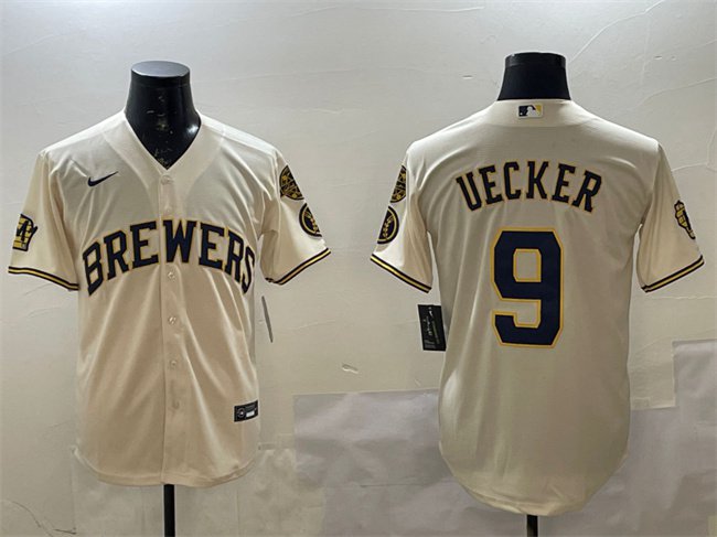 Men's MIL #9 Bob Uecker Cream With Home Patch Stitched Player Jersey