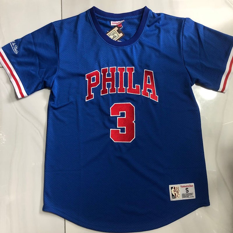 Men's 76ers #3 Allen Iverson MITCHELL & NESS Basketball Short Sleeve Blue