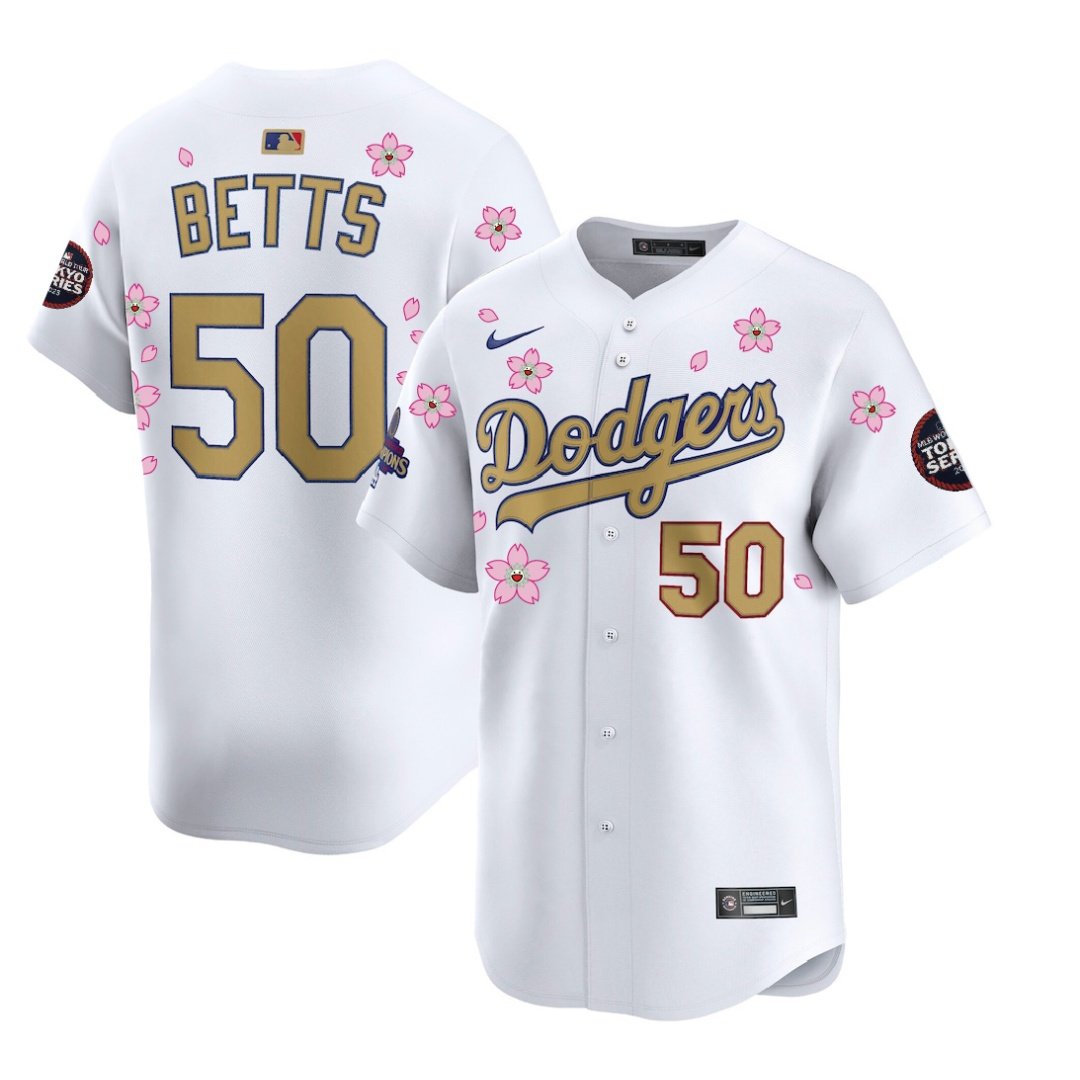 Dodgers #50 Mookie Betts World Tour Tokyo Series Home Gold Collection Limited Jersey White