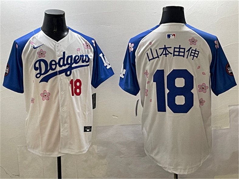 Men's Los Angeles Dodgers #18 &aring;&plusmn;&plusmn;&aelig;�&not;&ccedil;�&plusmn;&auml;&frac14;&cedil; White/Royal 2025 Tokyo Series Limited Stitched Jersey