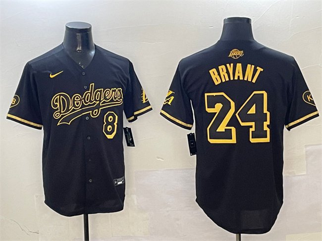 Men's LAD Front #8 Back #24 Kobe Bryant Black/Gold Stitched Jersey