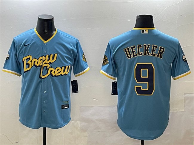 Milwaukee Brewers #9 Bob Uecker Powder Blue City Connect With Patch Cool Base Jersey