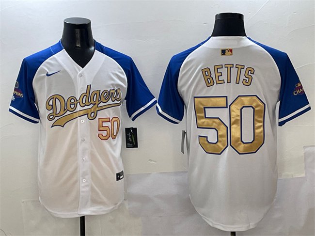 Men's LAD #50 Mookie Betts White/Royal/Gold 2024 World Series Champions Jersey