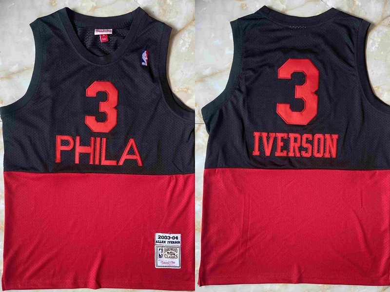 Men's 76ers #3 Allen Iverson Mitchell & Ness Split Jersey Black-Red
