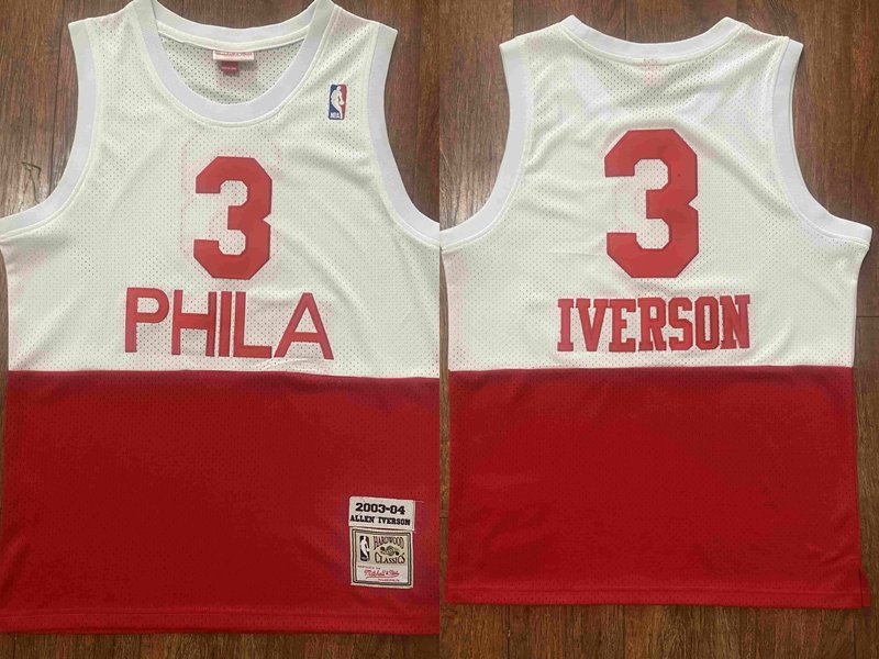 Men's 76ers #3 Allen Iverson Mitchell & Ness Split Jersey White-Red