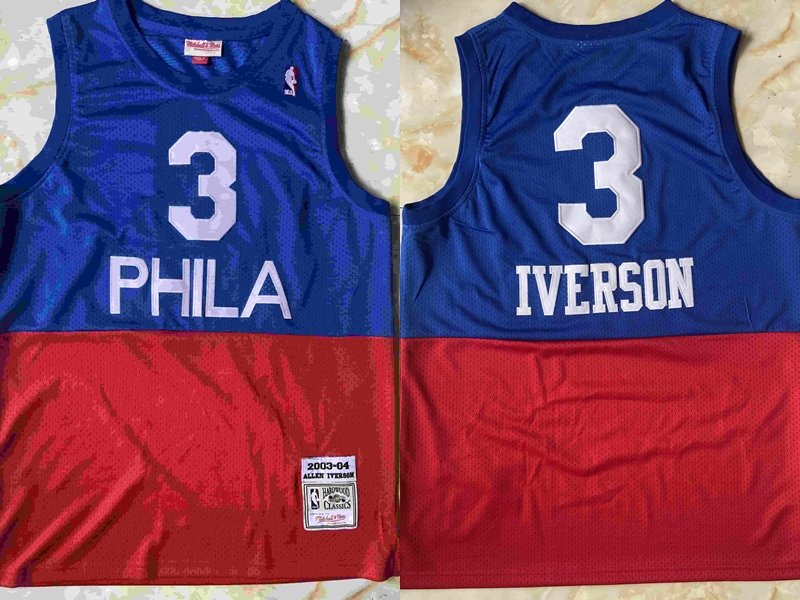 Men's 76ers #3 Allen Iverson Mitchell & Ness Split Jersey Blue-Red