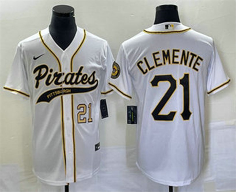 Men's PIT #21 Roberto Clemente Number White Cool Base Jersey