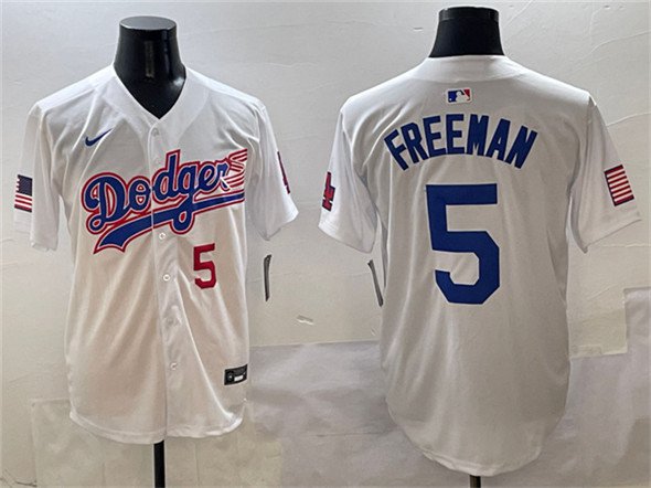 Men's Los Angeles Dodgers #5 Freddie Freeman White With American Flag Patch Limited Jersey