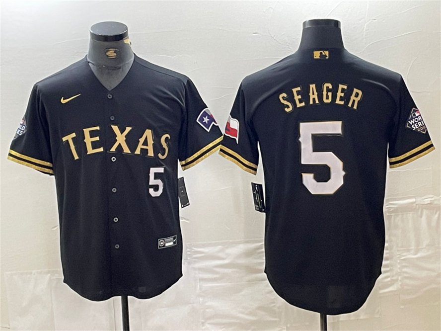 Men's Texas Rangers #5 Corey Seager Number Black Gold Cool Baseball Jersey