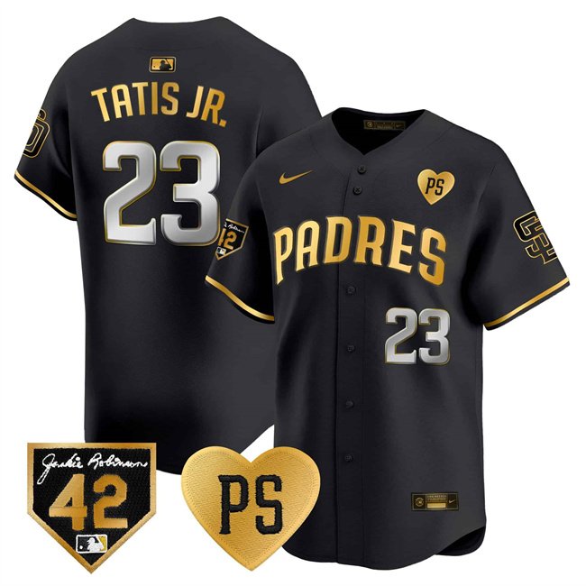 Men's SDP #23 Fernando Tatis Jr. Black/Gold 'For Peter' & Robinson Patch Jersey